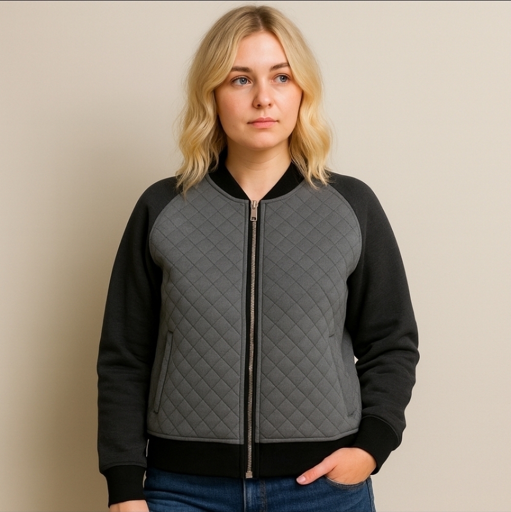 Tilley Wanderer Collection Quilted Bomber Jacket Gray Black Zip Front Large Made